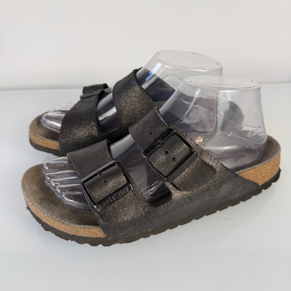 Birkenstock Shoes - Birkenstock Arizona Sandals Women 38 Shimmering Black Suede Double Buckle Slide